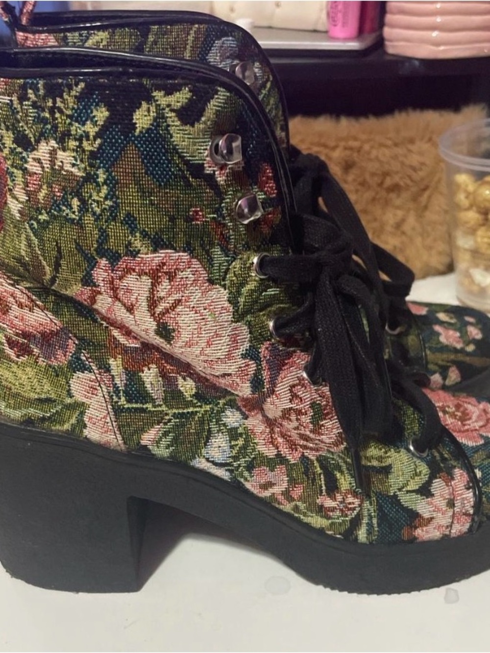 Steve Madden Black Floral Lace-Up Block Heel Ankle Boots - Picture 3 of 5